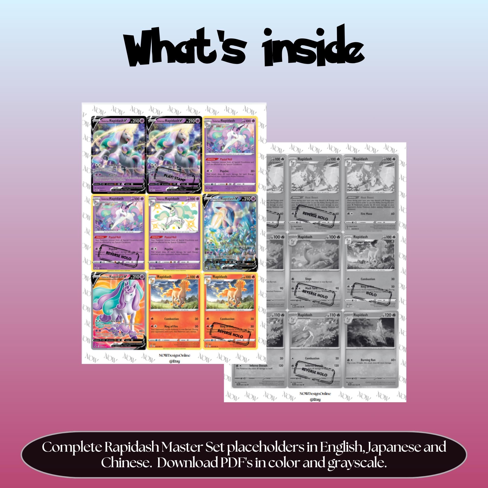 Rapidash binder pages set overview showing the included Pokémon cards to print and cut for your binder sleeves.