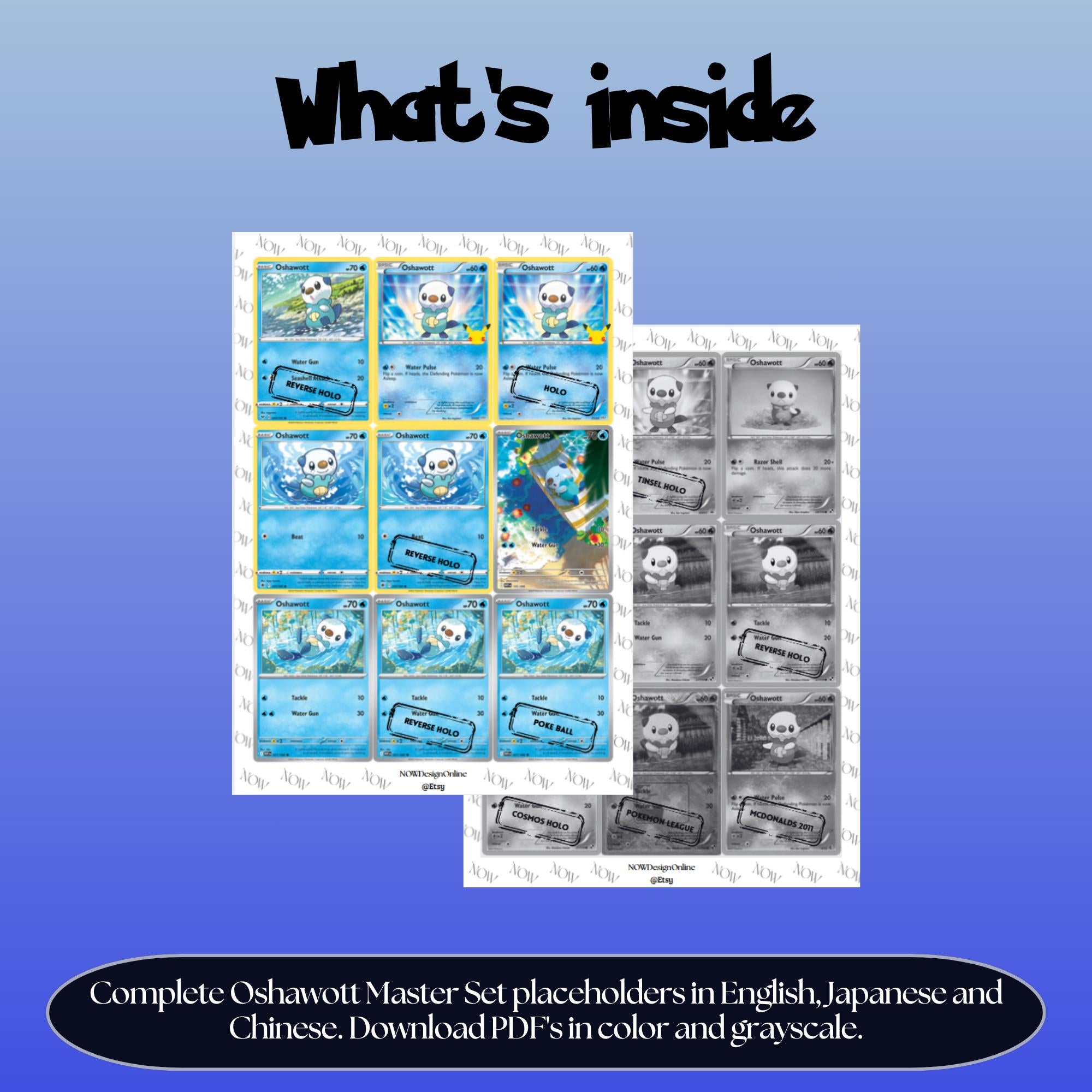 Oshawott binder pages set overview showing the included Pokémon cards to print and cut for your binder sleeves.