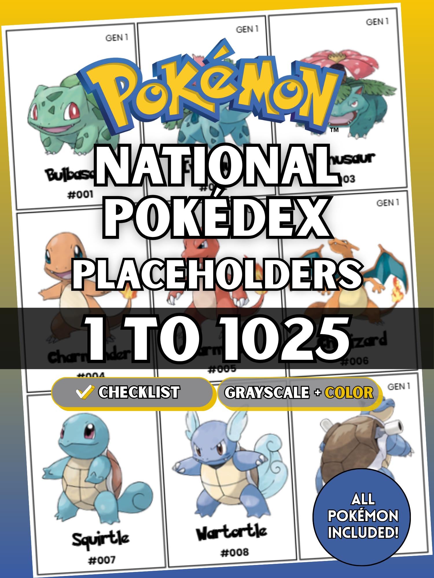 National Pokédex placeholders printable Pokémon binder pages showing card style inserts from #001 to #1025 designed to keep a Pokémon TCG binder complete and organized.