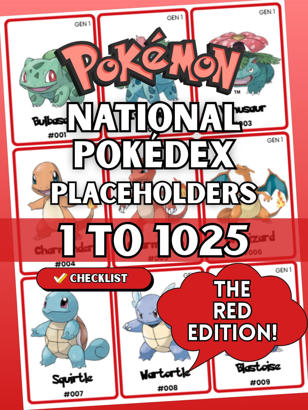 National Pokédex placeholders printable Pokémon binder pages in the color red showing card style inserts from #001 to #1025 designed to keep a Pokémon TCG binder complete and organized.