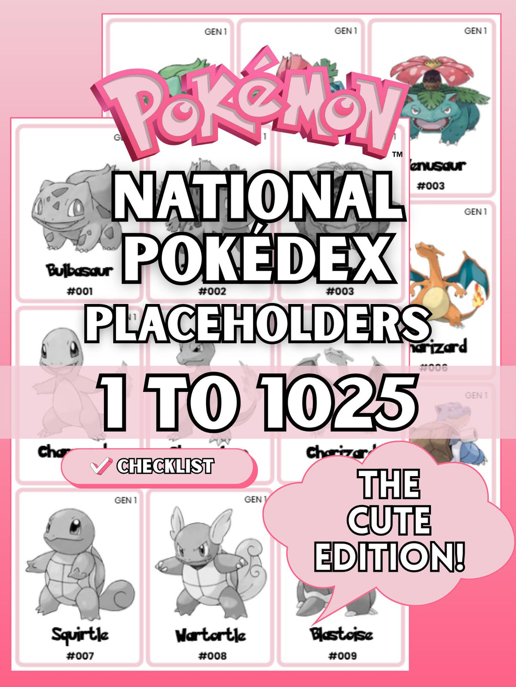 National Pokédex placeholders printable Cute Pokémon binder pages in the color pink showing card style inserts from #001 to #1025 designed to keep a Pokémon TCG binder complete and organized.