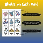 Example of national pokedex placeholder cards showing Pokémon generation label Pokémon name in Pokémon style font and national pokedex number.