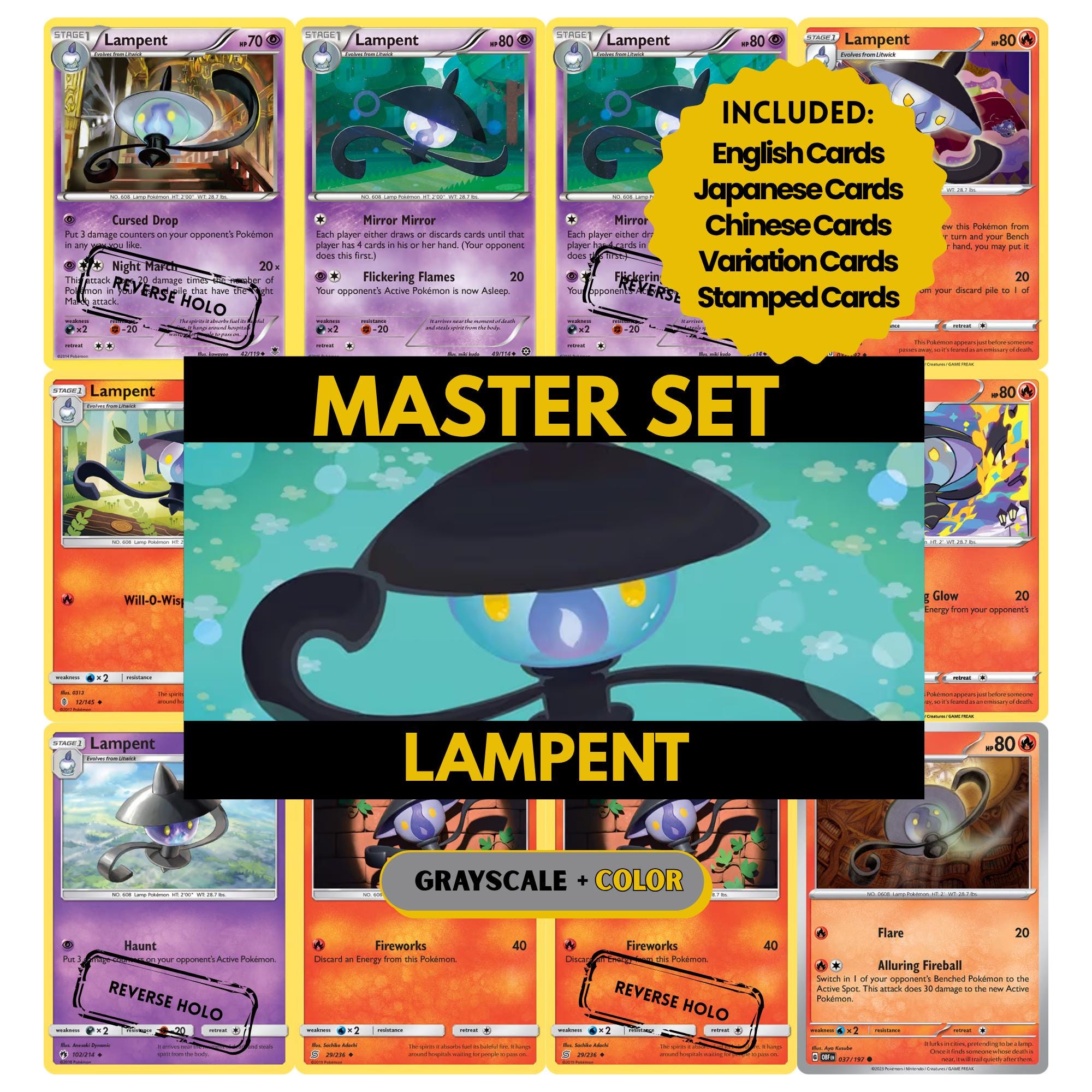 Lampent binder pages set showing grayscale and color Pokémon cards, designed as a digital download to complete a collector’s binder.