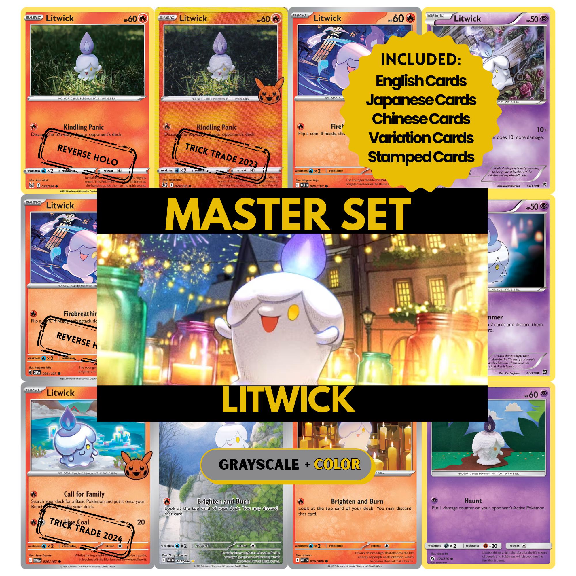 Litwick binder pages set showing grayscale and color Pokémon cards, designed as a digital download to complete a collector’s binder.