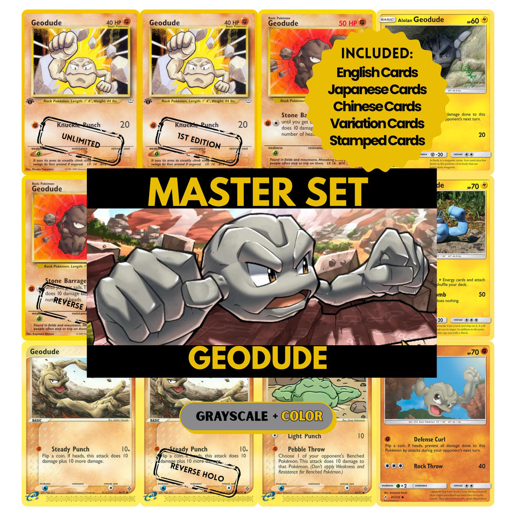 Geodude binder pages set showing grayscale and color Pokémon cards, designed as a digital download to complete a collector’s binder.