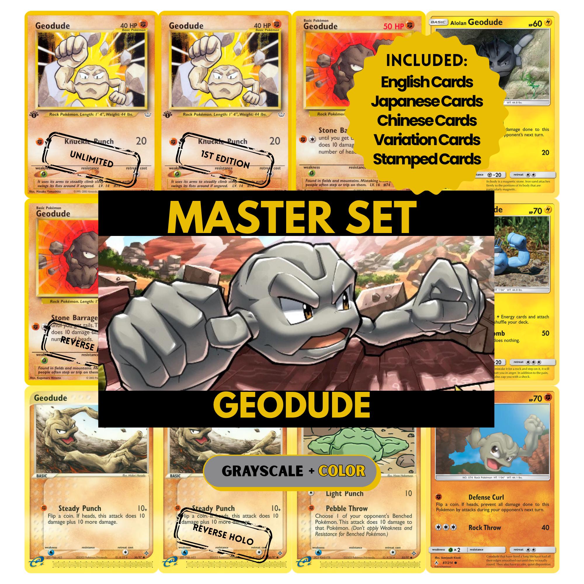 Geodude binder pages set showing grayscale and color Pokémon cards, designed as a digital download to complete a collector’s binder.