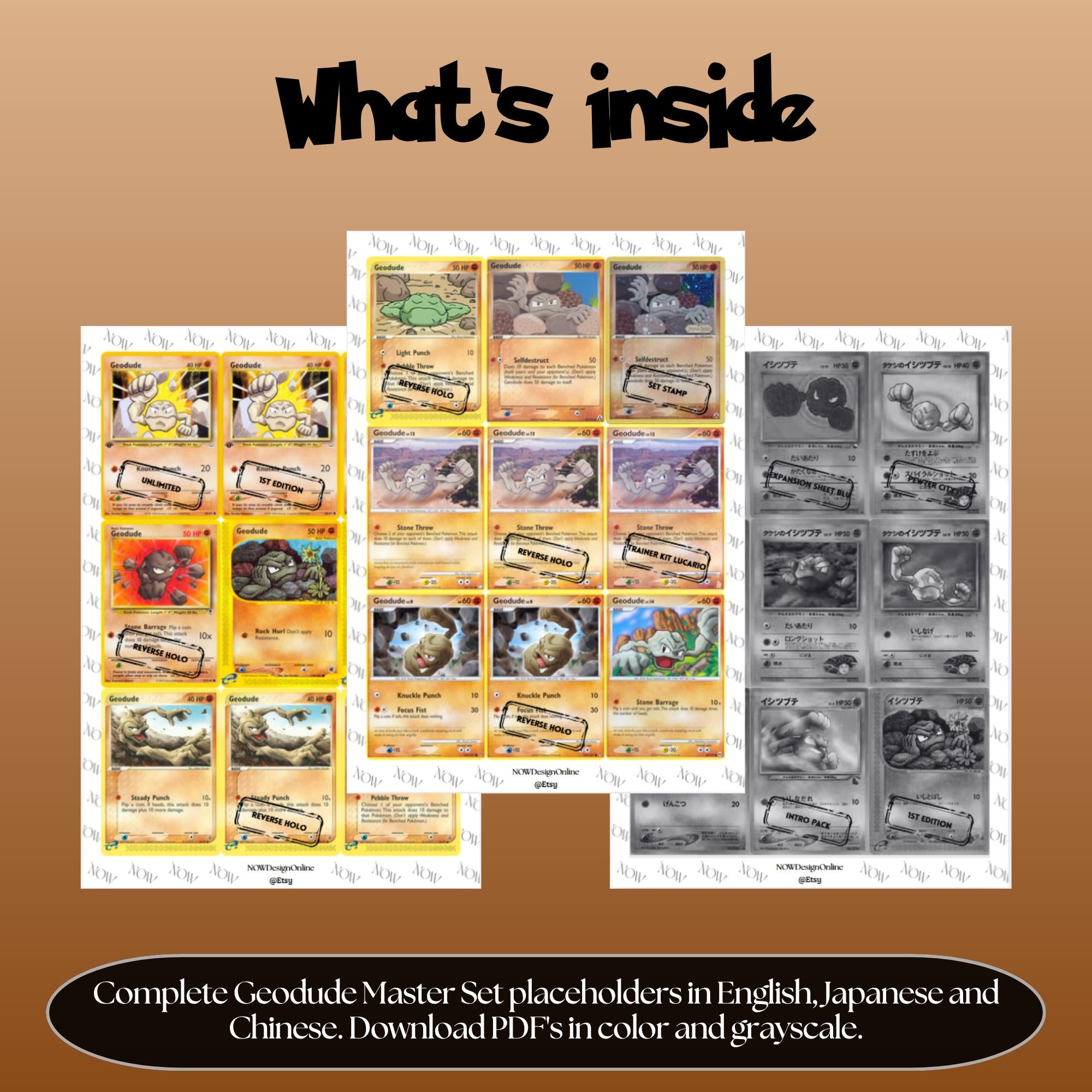 Geodude binder pages set overview showing the included Pokémon cards to print and cut for your binder sleeves.