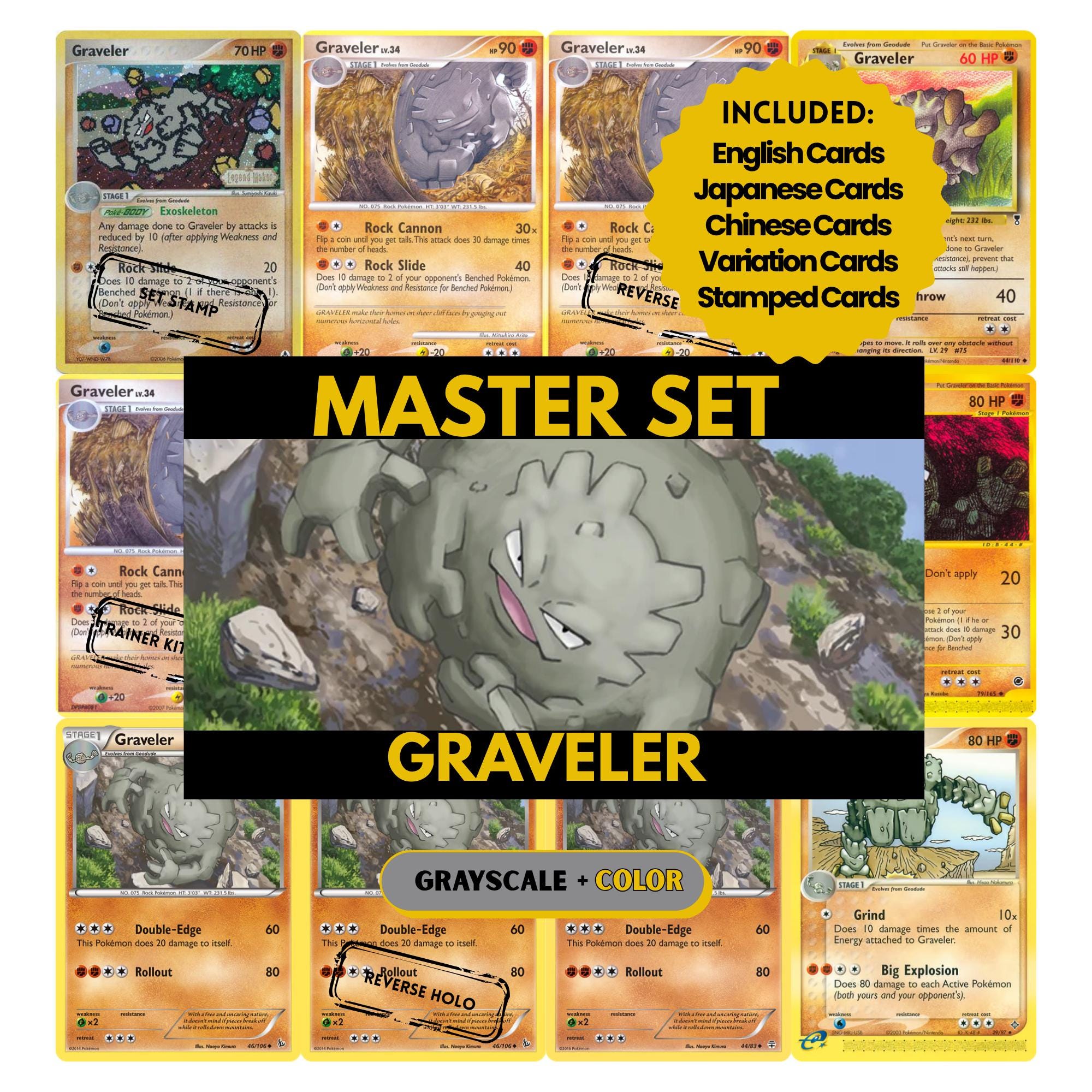 Graveler binder pages set showing grayscale and color Pokémon cards, designed as a digital download to complete a collector’s binder.