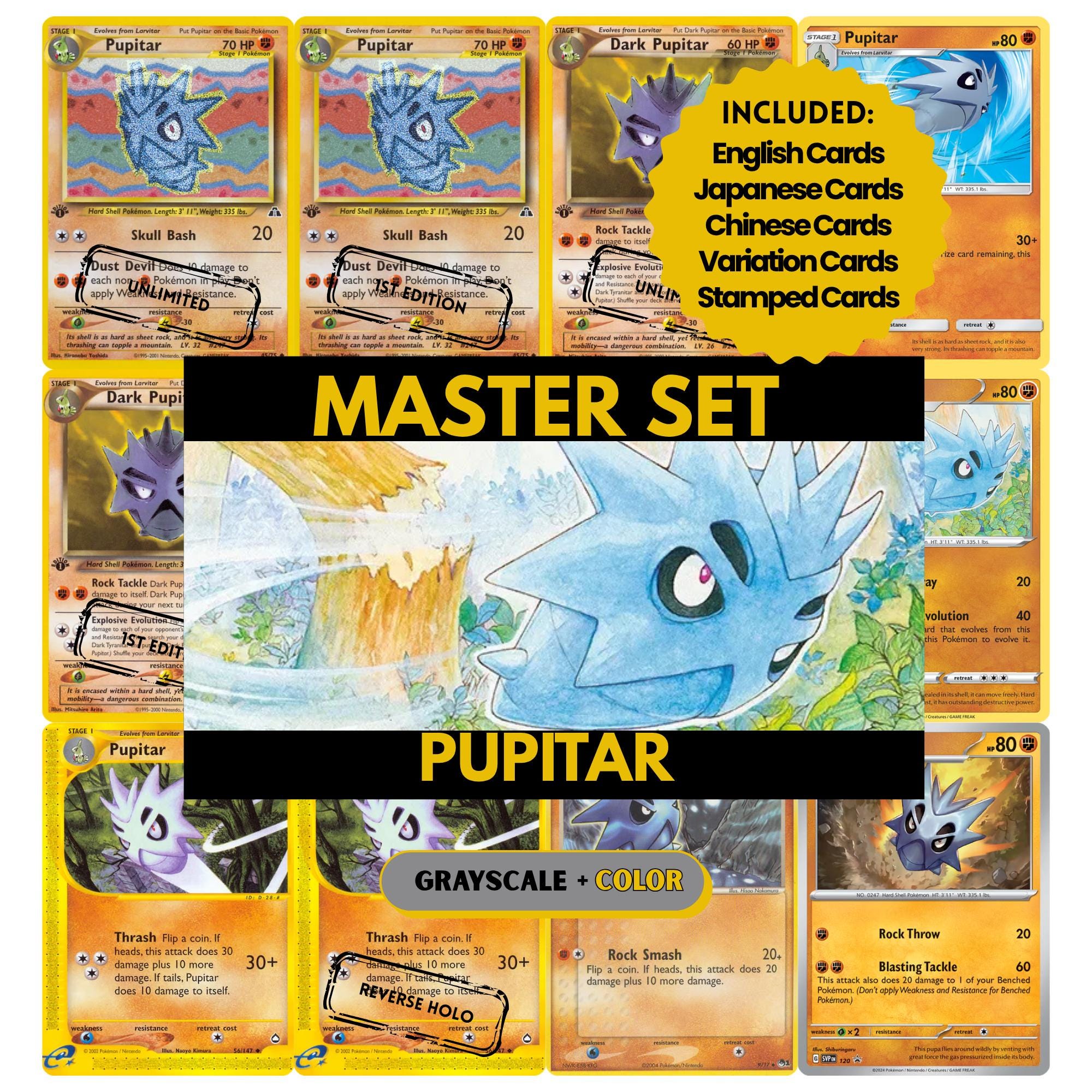 Pupitar binder pages set showing grayscale and color Pokémon cards, designed as a digital download to complete a collector’s binder.