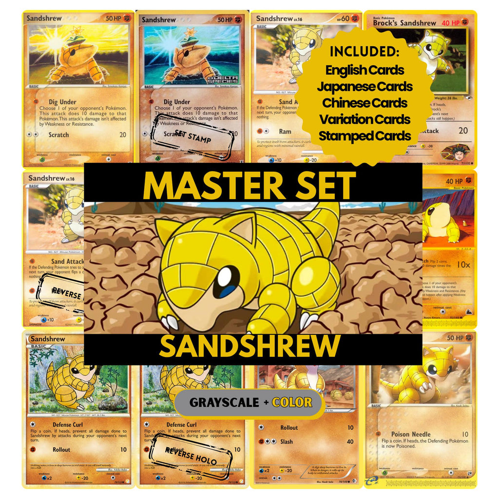 Sandshrew binder pages set showing grayscale and color Pokémon cards, designed as a digital download to complete a collector’s binder.