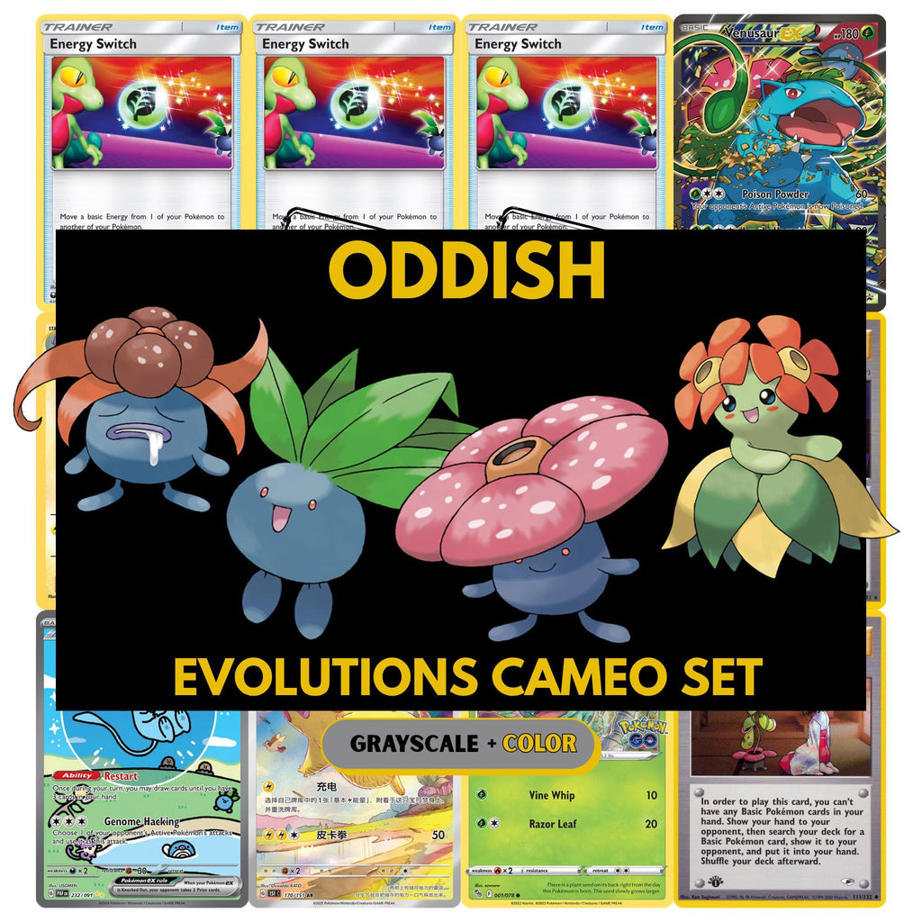 Oddish and Evolutions Cameo binder pages set showing grayscale and color Pokémon cards, designed as a digital download to complete a collector’s binder.