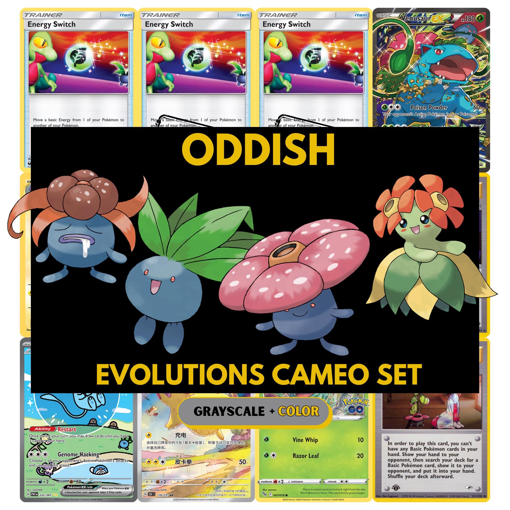 Oddish and Evolutions Cameo binder pages set showing grayscale and color Pokémon cards, designed as a digital download to complete a collector’s binder.