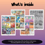 Scarlet & Violet: all 16 master sets overview showing the included Pokémon cards to print and a full color checklist for the Scarlet & Violet binder.