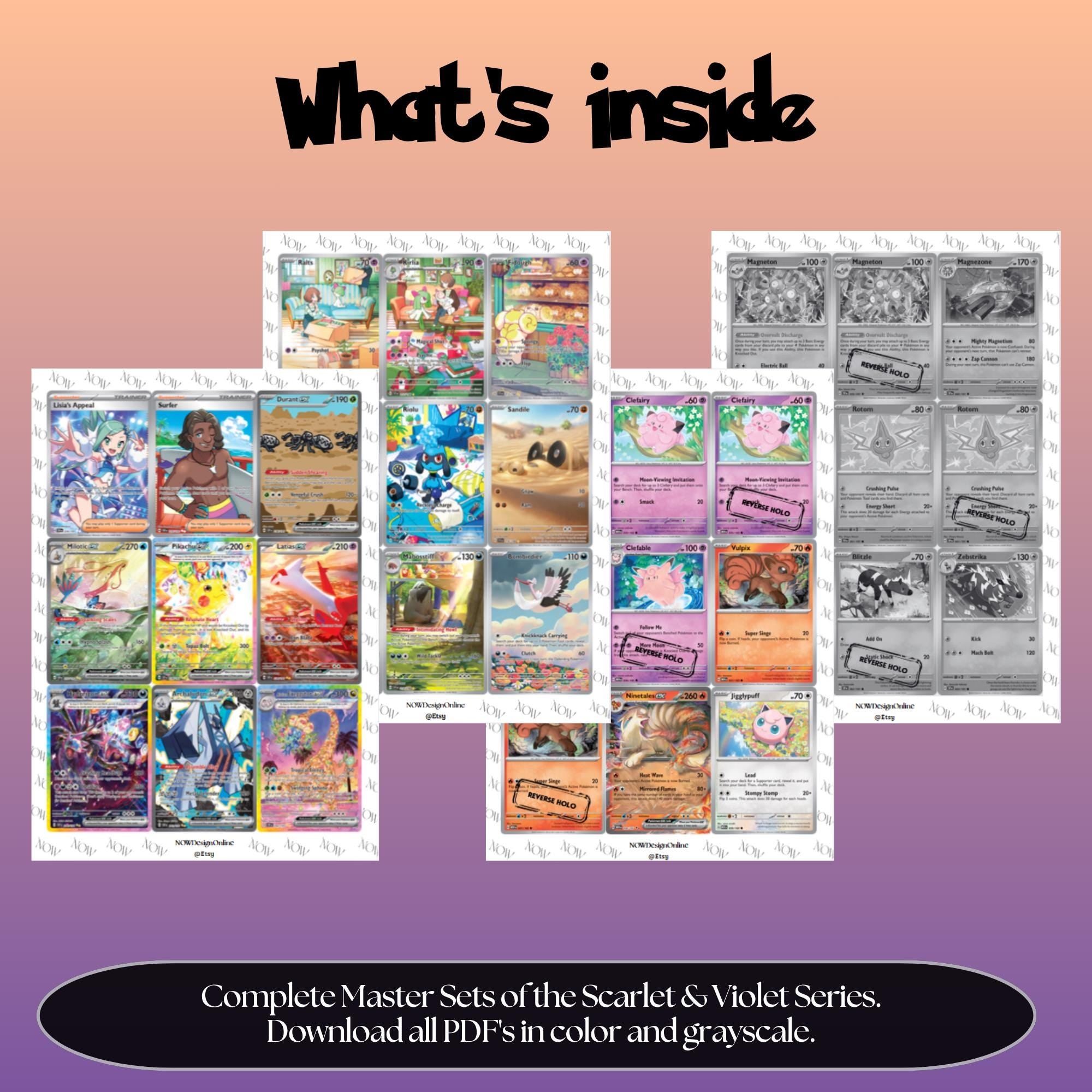 Scarlet & Violet: all 16 master sets overview showing the included Pokémon cards to print and a full color checklist for the Scarlet & Violet binder.