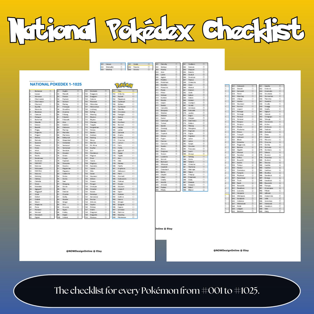 National Pokédex checklist printable PDF with all Pokémon from #001 to #1025 for binder organization.
