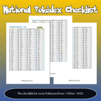 National Pokédex checklist printable PDF with all Pokémon from #001 to #1025 for binder organization.
