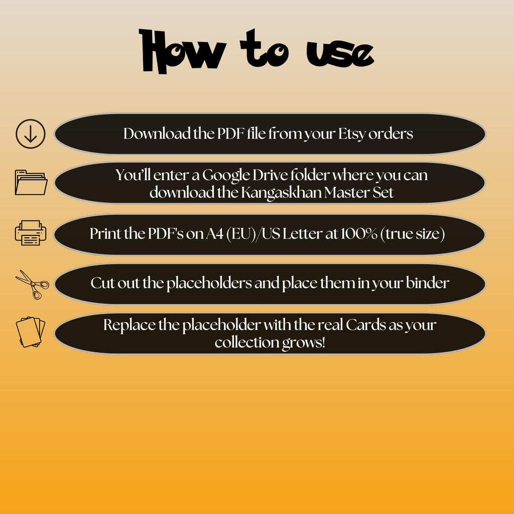 Kangaskhan cards digital download instructions explaining how to print, cut, and place placeholders in a Pokémon binder.