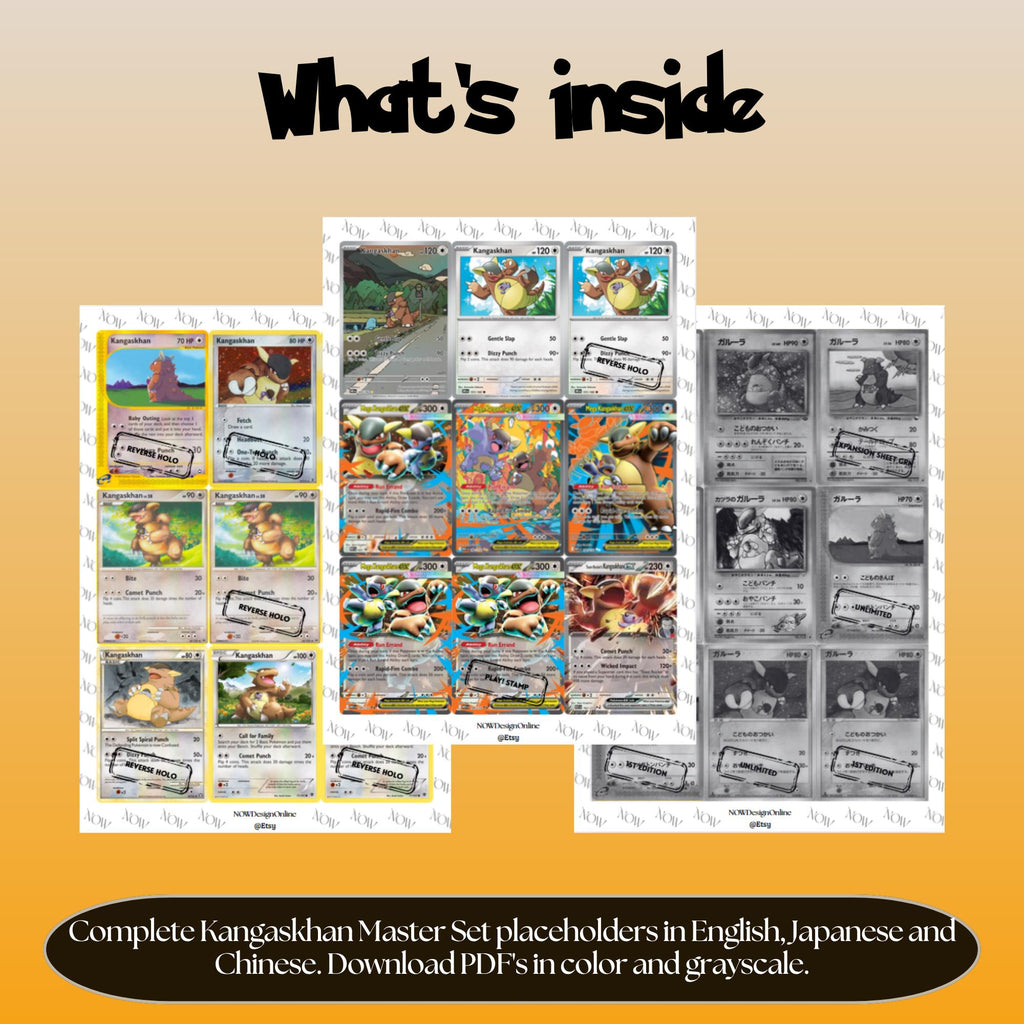 Kangaskhan binder pages set overview showing the included Pokémon cards to print and cut for your binder sleeves.