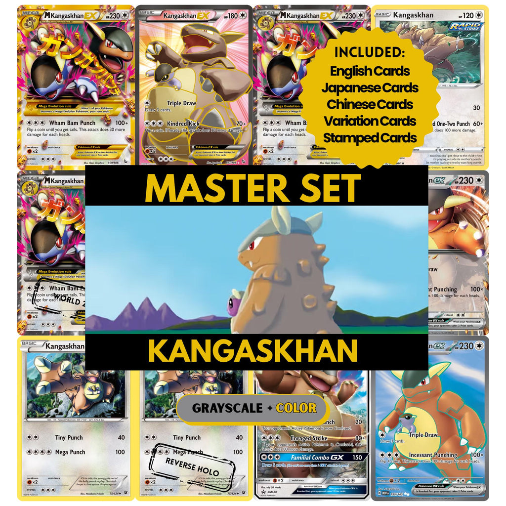 Kangaskhan binder pages set showing grayscale and color Pokémon cards, designed as a digital download to complete a collector’s binder.