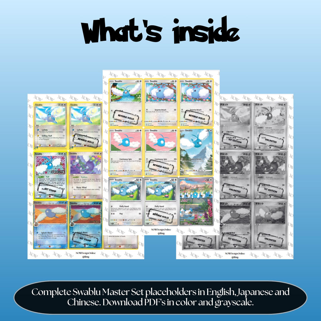 Swablu binder pages set overview showing the included Pokémon cards to print and cut for your binder sleeves.