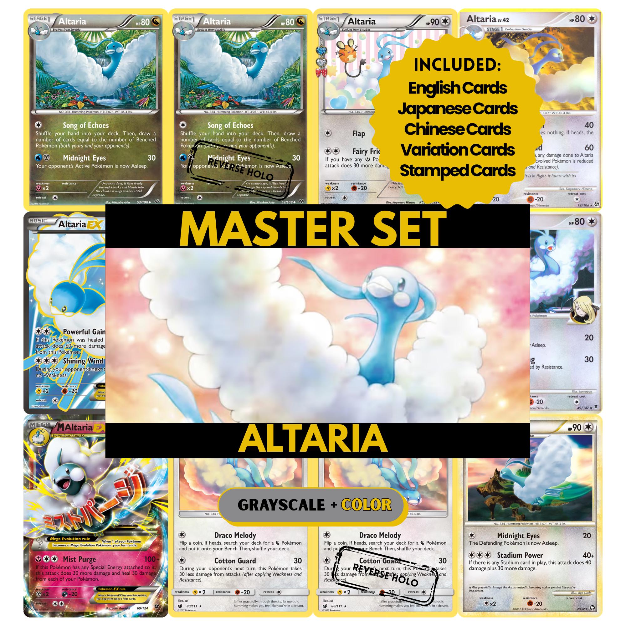 Altaria binder pages set showing grayscale and color Pokémon cards, designed as a digital download to complete a collector’s binder.