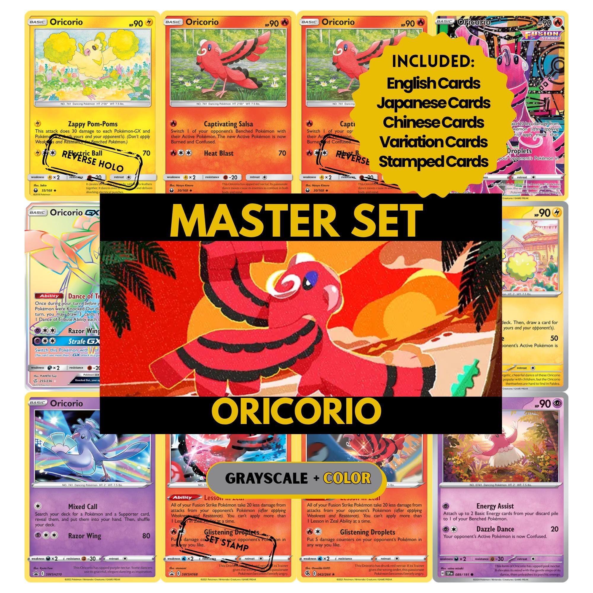 Oricorio binder pages set showing grayscale and color Pokémon cards, designed as a digital download to complete a collector’s binder.