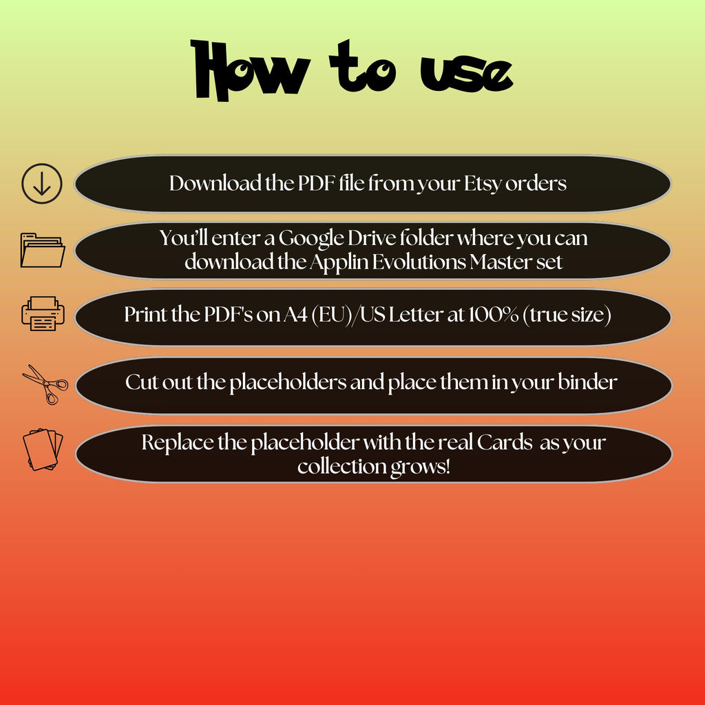 Applin Evolutions cards digital download instructions explaining how to print, cut, and place placeholders in a Pokémon binder.