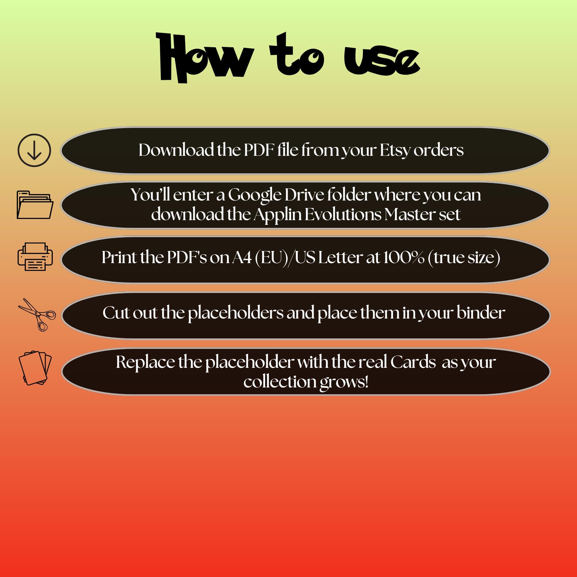 Applin Evolutions cards digital download instructions explaining how to print, cut, and place placeholders in a Pokémon binder.