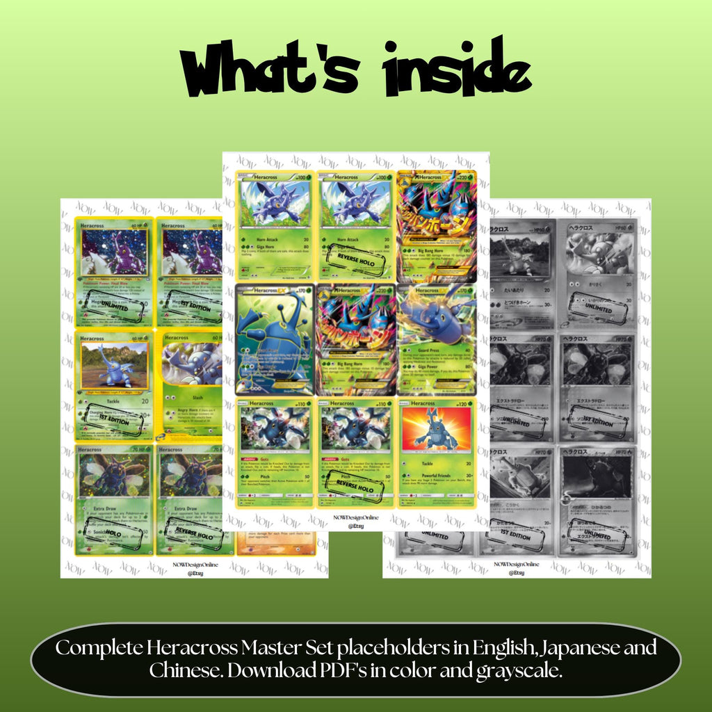 Heracross binder pages set overview showing the included Pokémon cards to print and cut for your binder sleeves.