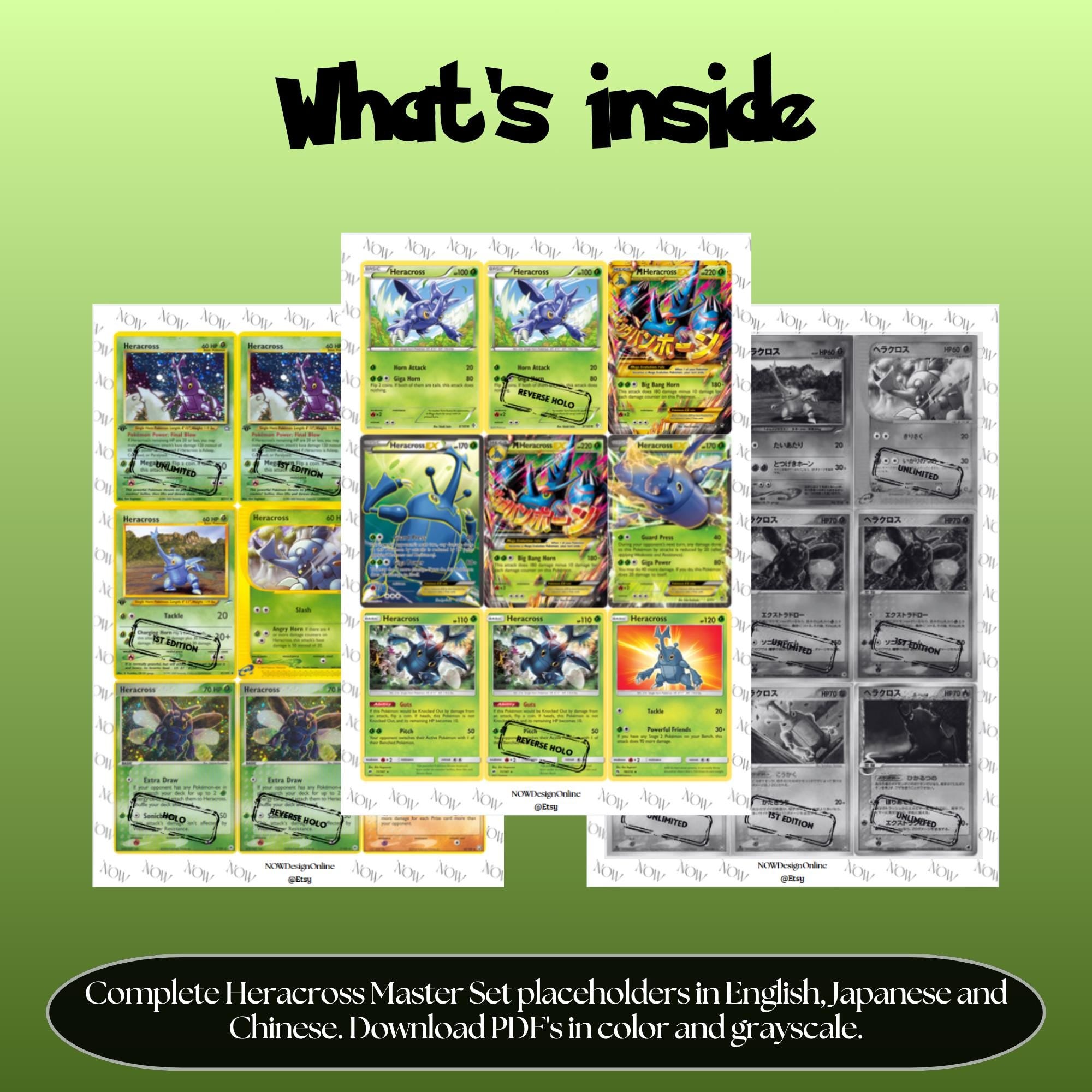 Heracross binder pages set overview showing the included Pokémon cards to print and cut for your binder sleeves.