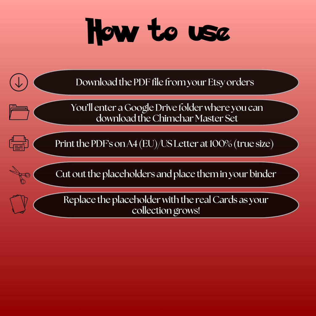Chimchar cards digital download instructions explaining how to print, cut, and place placeholders in a Pokémon binder.