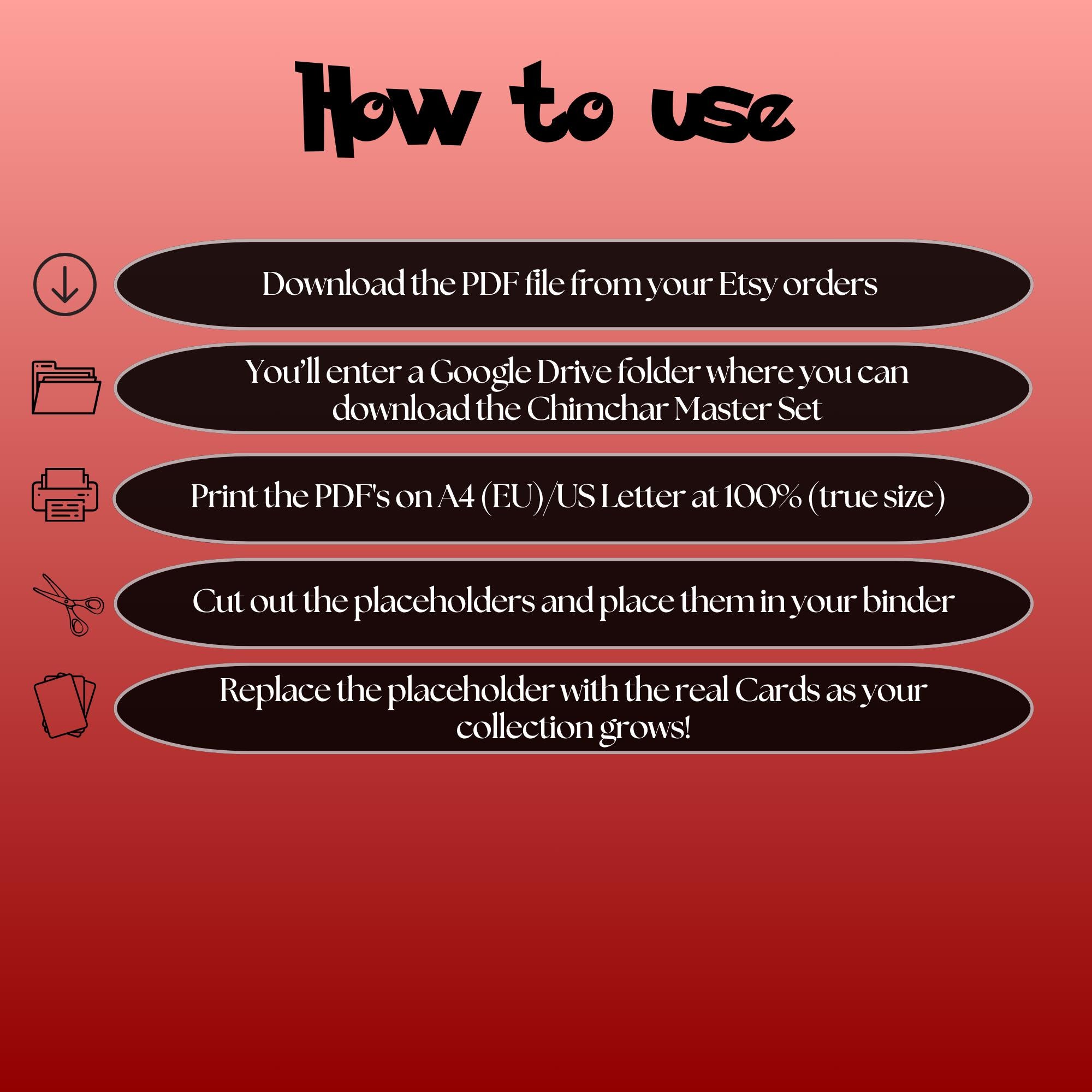 Chimchar cards digital download instructions explaining how to print, cut, and place placeholders in a Pokémon binder.