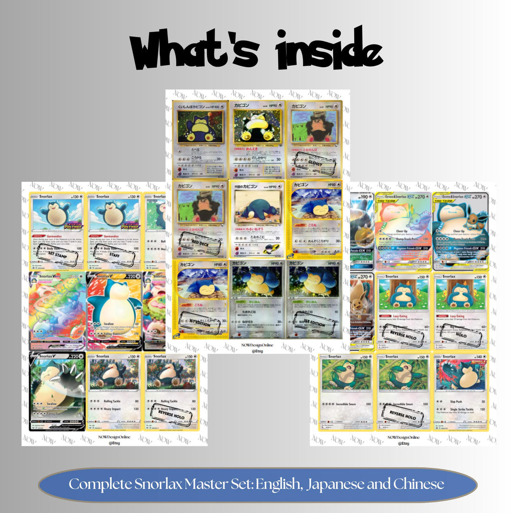 Snorlax binder pages set overview showing the included Pokémon cards to print and cut for your binder sleeves.