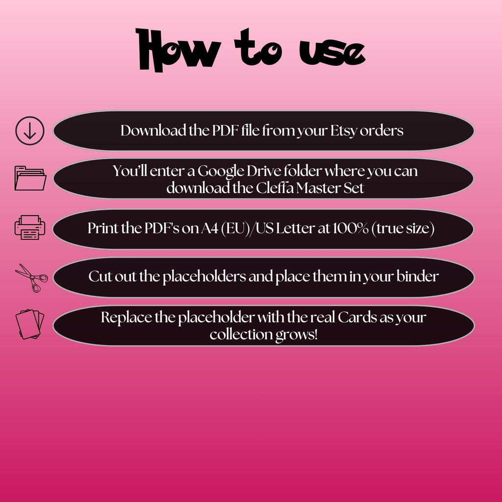 Cleffa cards digital download instructions explaining how to print, cut, and place placeholders in a Pokémon binder.