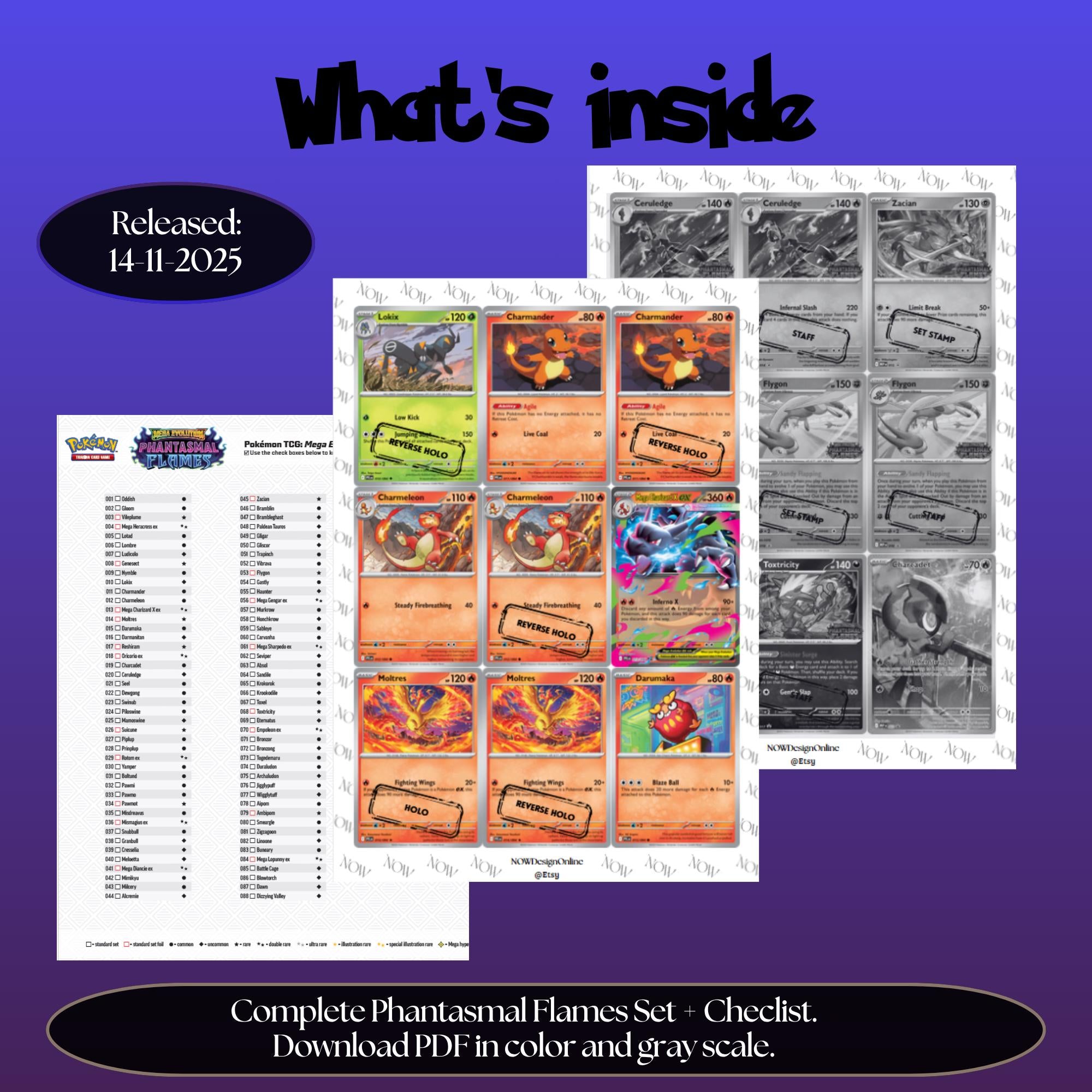 Phantasmal Flames master set overview showing the included Pokémon cards to print and a full color checklist for the Mega Evolution binder.