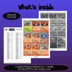 Phantasmal Flames master set overview showing the included Pokémon cards to print and a full color checklist for the Mega Evolution binder.