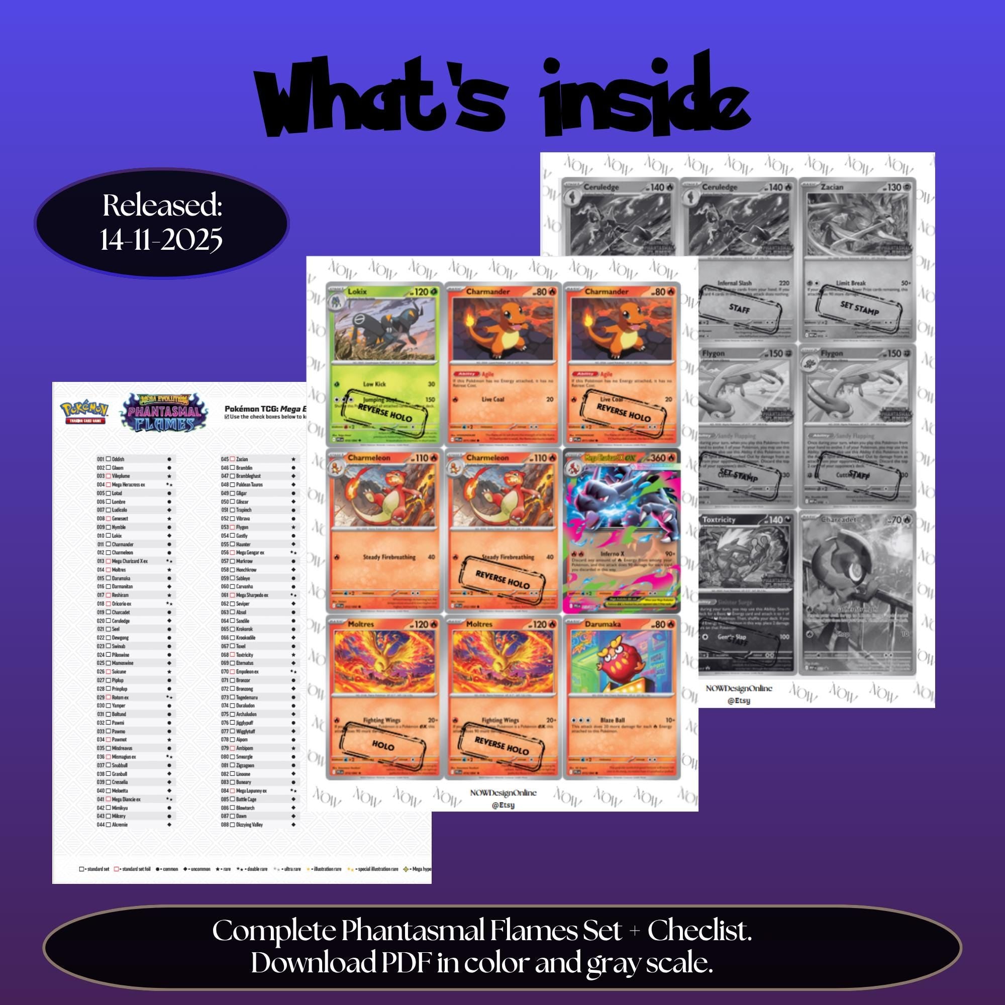 Phantasmal Flames master set overview showing the included Pokémon cards to print and a full color checklist for the Mega Evolution binder.