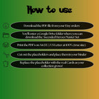 Ascended Heroes digital download instructions explaining how to print, cut, and place placeholders in a Pokémon binder.