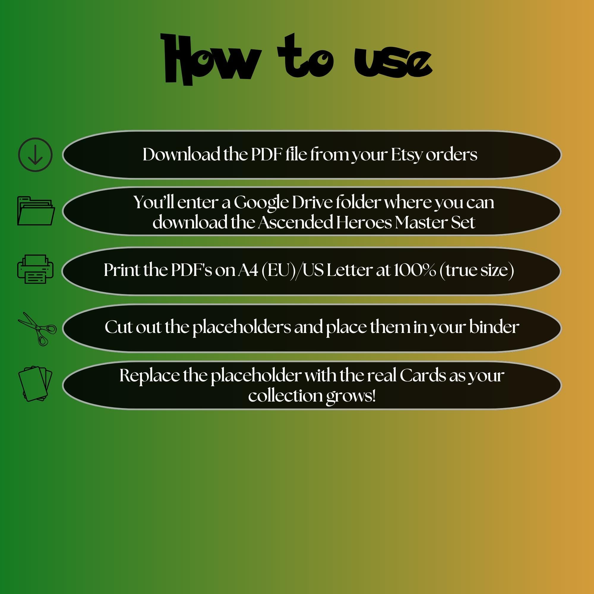 Ascended Heroes digital download instructions explaining how to print, cut, and place placeholders in a Pokémon binder.