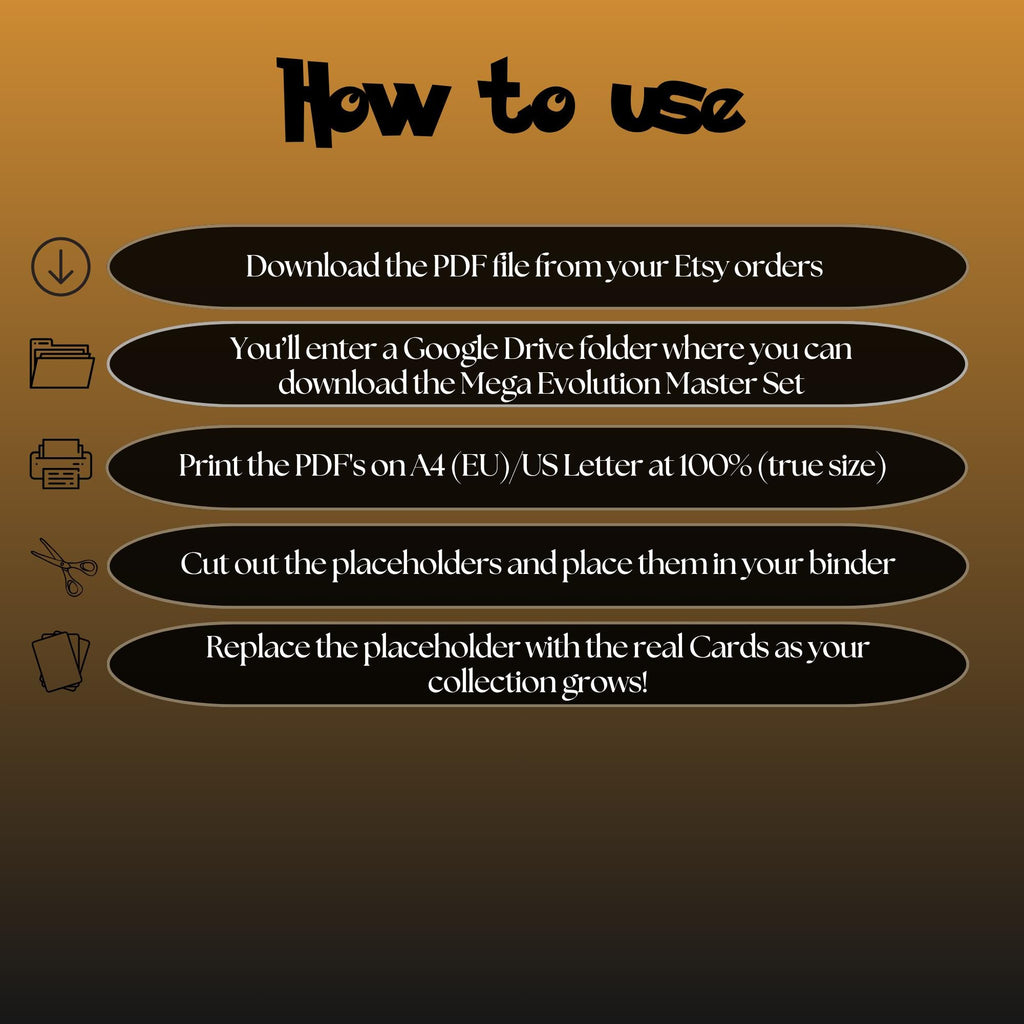 Mega Evolution digital download instructions explaining how to print, cut, and place placeholders in a Pokémon binder.
