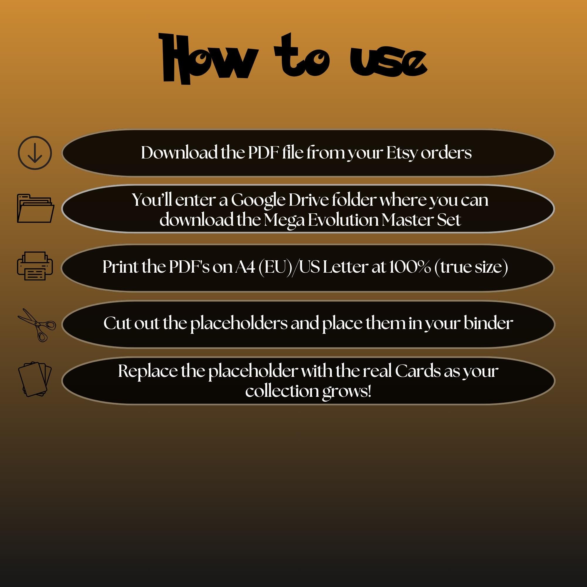 Mega Evolution digital download instructions explaining how to print, cut, and place placeholders in a Pokémon binder.