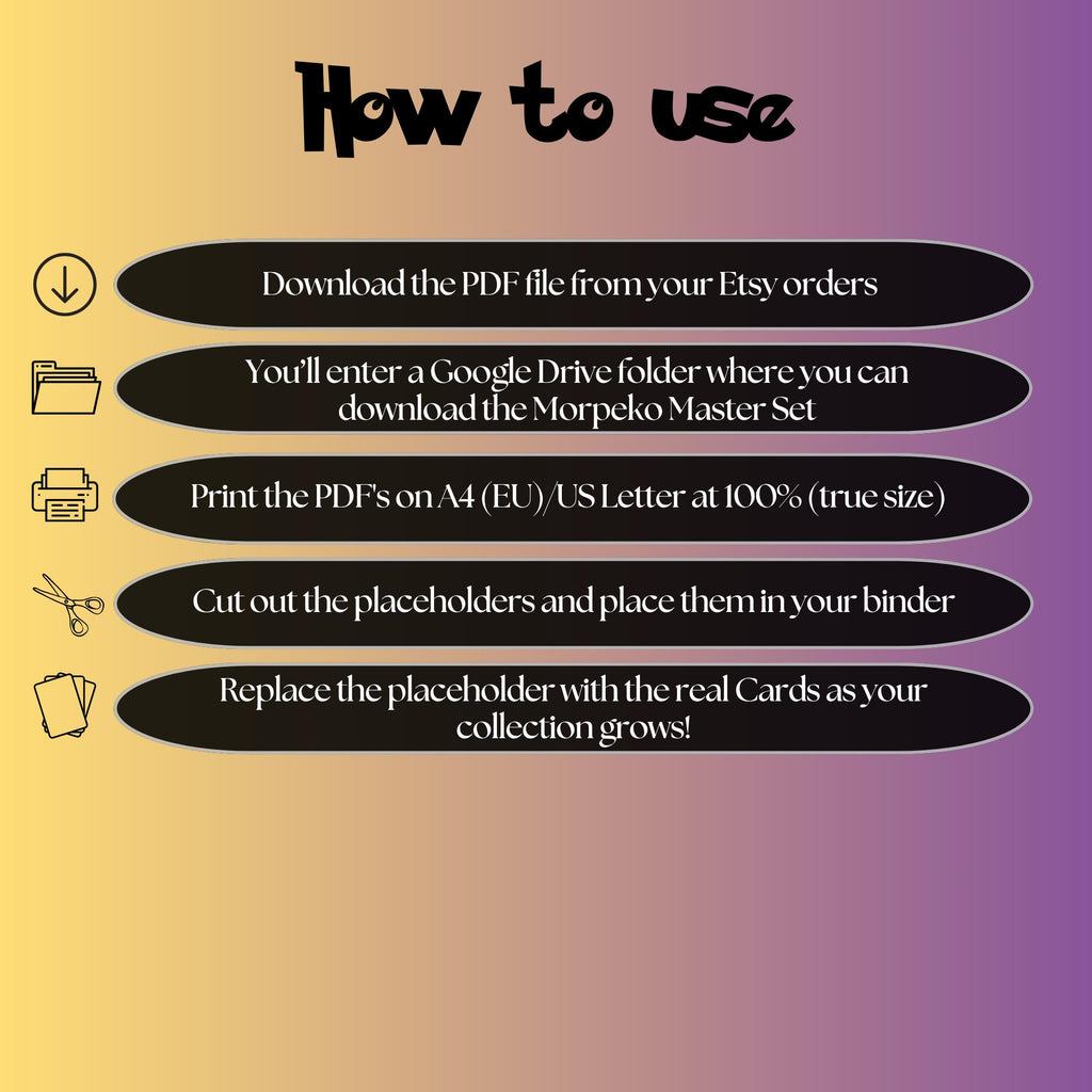 Morpeko cards digital download instructions explaining how to print, cut, and place placeholders in a Pokémon binder.