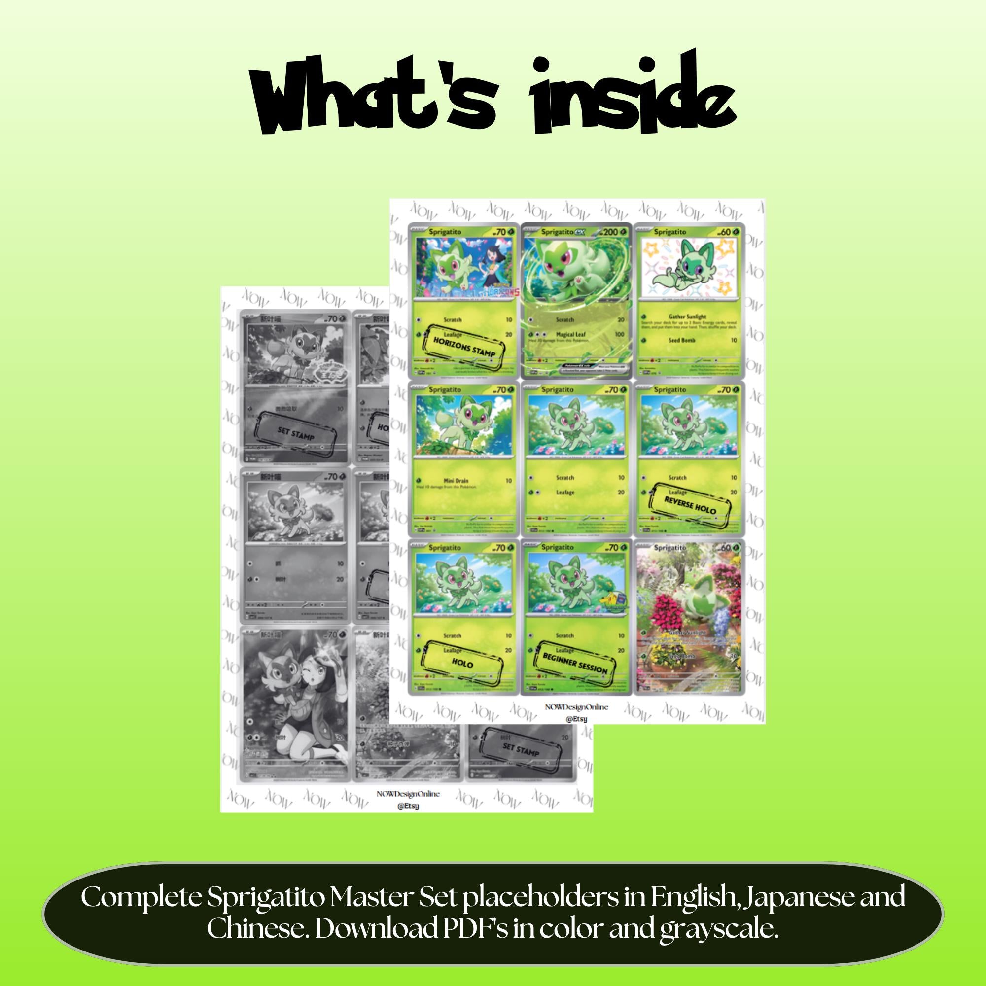 Sprigatito binder pages set overview showing the included Pokémon cards to print and cut for your binder sleeves.