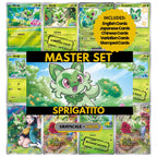 Sprigatito binder pages set showing grayscale and color Pokémon cards, designed as a digital download to complete a collector’s binder.