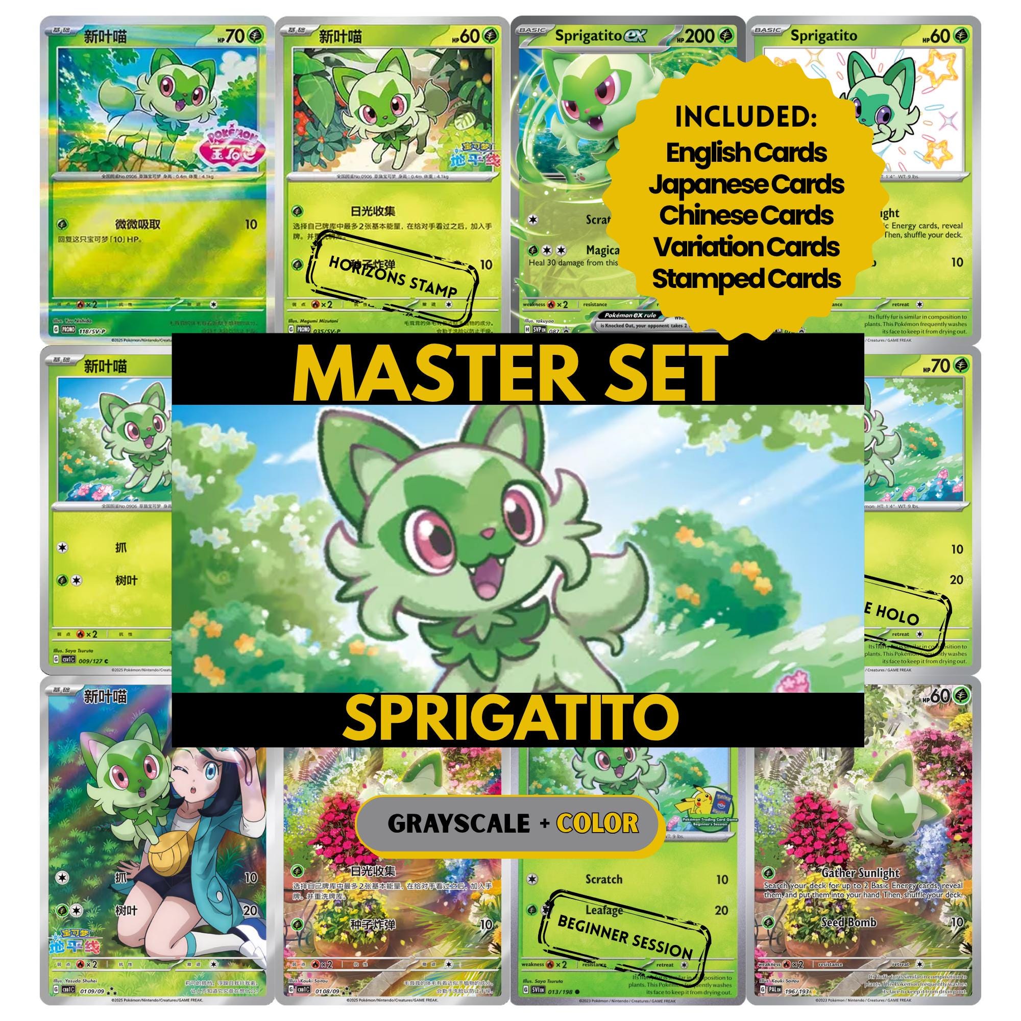 Sprigatito binder pages set showing grayscale and color Pokémon cards, designed as a digital download to complete a collector’s binder.