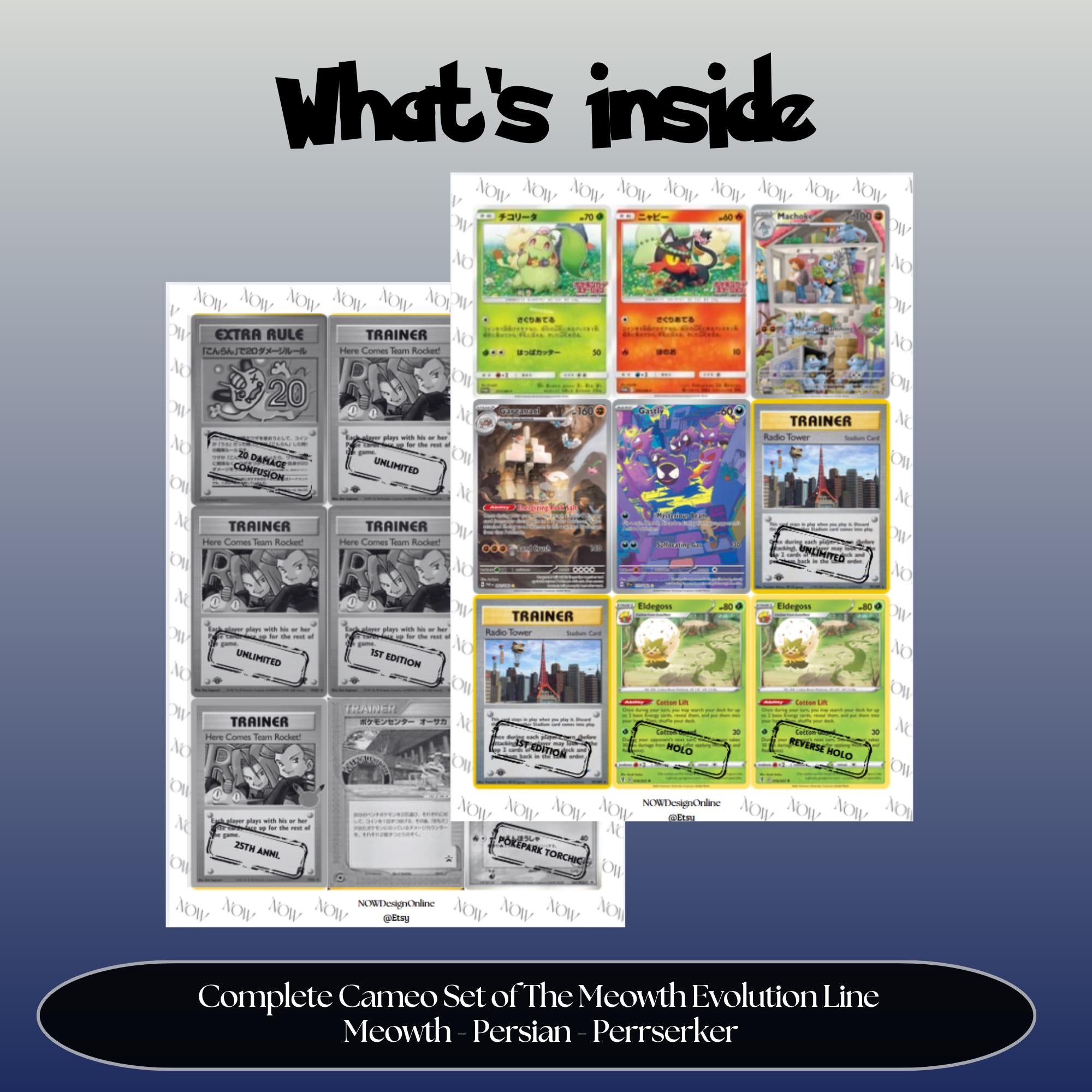 Meowth and Evolutions Cameo binder pages set overview showing the included Pokémon cards to print and cut for your binder sleeves.