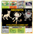 Meowth and Evolutions Cameo binder pages set showing grayscale and color Pokémon cards, designed as a digital download to complete a collector’s binder.
