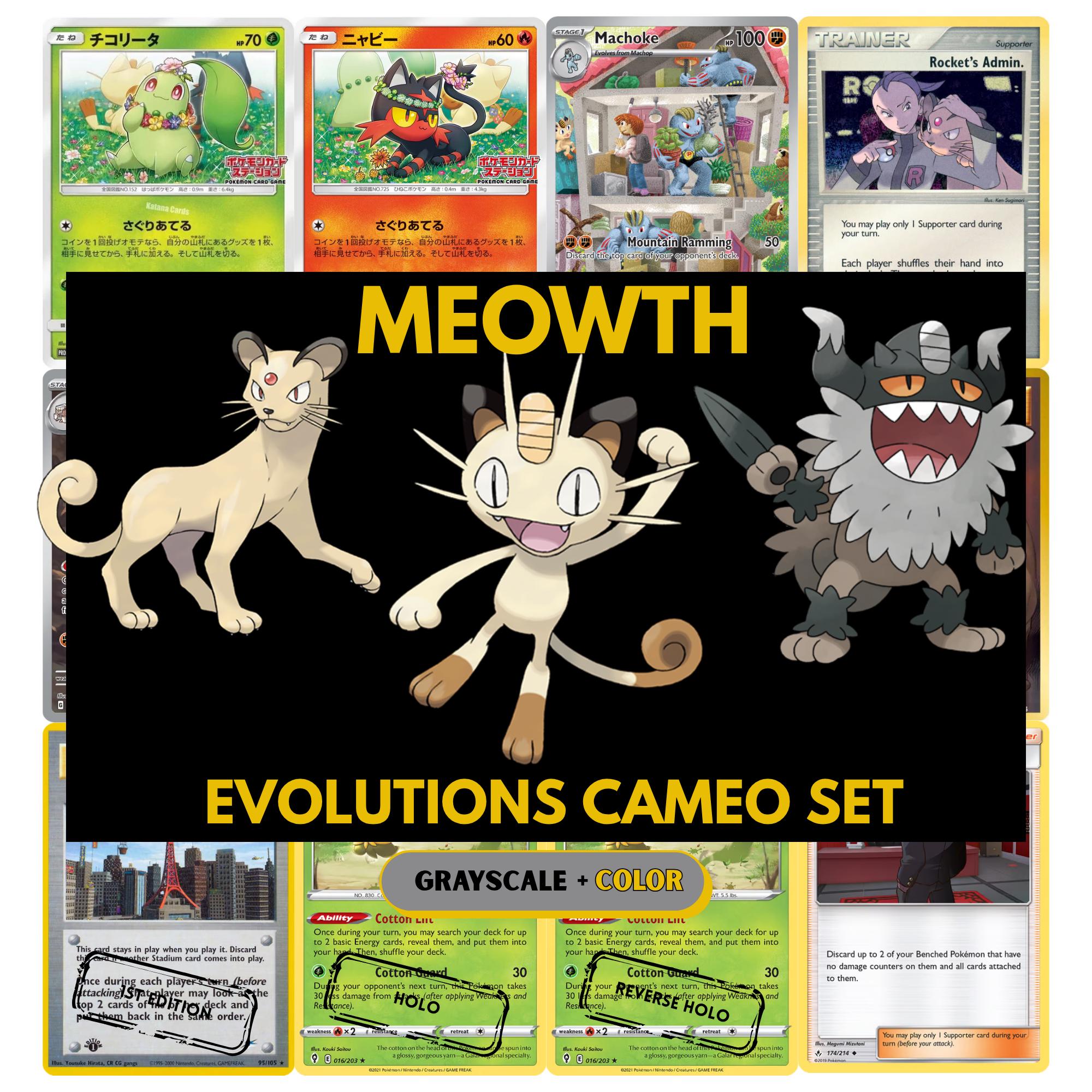 Meowth and Evolutions Cameo binder pages set showing grayscale and color Pokémon cards, designed as a digital download to complete a collector’s binder.