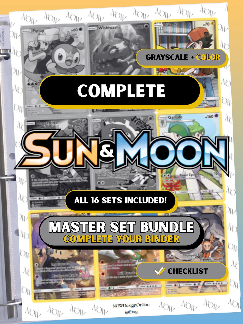 Sun & Moon Complete master set bundle binder page showing grayscale and color Pokémon cards, designed as a digital download with checklist to complete a collector’s binder.