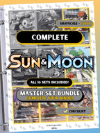 Sun & Moon Complete master set bundle binder page showing grayscale and color Pokémon cards, designed as a digital download with checklist to complete a collector’s binder.